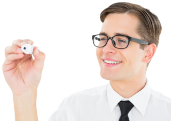 Geeky businessman writing with marker