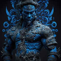 indonesian, ancient, god, artistic, muscular, aesthetic, blue, red, gold, brown, ornaments, aura, javanese, dayak, hindu, politheism, ai generative