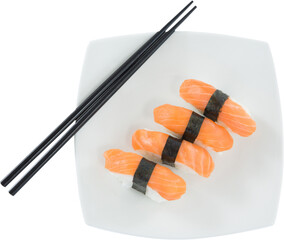 High angle view of chopstick by salmon sushi in plate