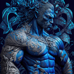indonesian, ancient, god, artistic, muscular, aesthetic, blue, red, gold, brown, ornaments, aura, javanese, dayak, hindu, politheism, ai generative