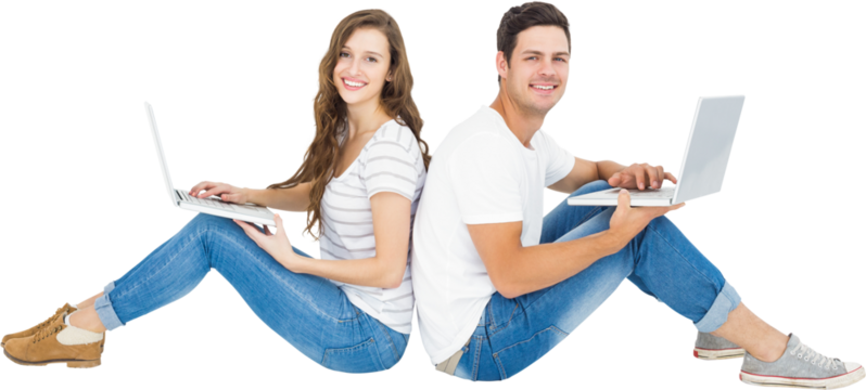 Couple sitting on floor back to back using laptop - Powered by Adobe