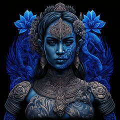 indonesian, ancient, goddess, artistic, muscular, aesthetic, blue, red, gold, brown, ornaments, aura, javanese, dayak, hindu, politheism, ai generative