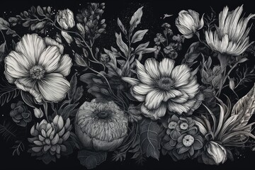 black and white flowers on a black background. Generative AI