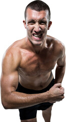 Fototapeta premium Excited shirtless athlete flexing muscles