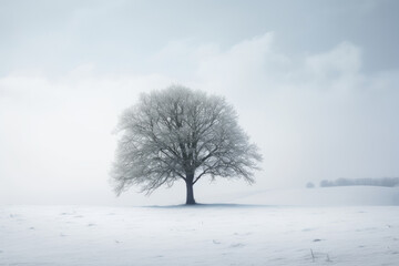 a lone tree in the middle of a snow - covered field on a cold winter day, taken with a canon 70mm f. Generative AI