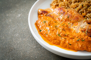 grilled chicken steak with red curry sauce and rice