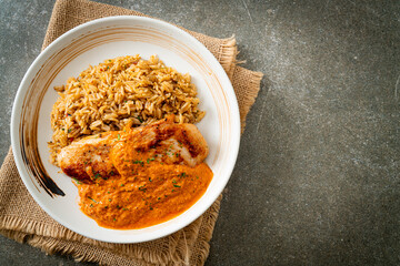 grilled chicken steak with red curry sauce and rice
