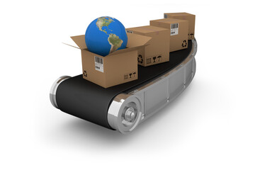 High angle view of cardboard boxes with globe on 3D conveyor belt