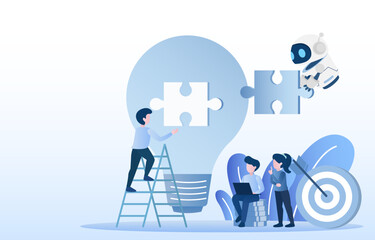 Human and AI robot teams work together to brainstorm and analyze ideas. Improve the company and achieve success. Flat vector illustration.