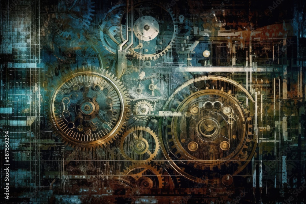 Poster detailed clock mechanism with visible gears and cogs. generative ai