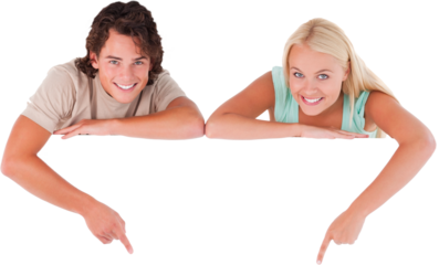 Man and cute woman pointing on a whiteboard