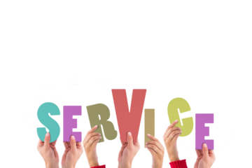 Colorful alphabet spelling service held up by people