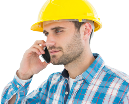 Construction worker using mobile phone - Powered by Adobe