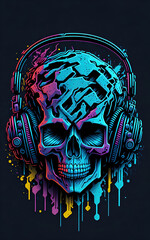 Colorful graffiti illustration of a cute skull, wearing headphones, vibrant color, great detail, Generative AI
