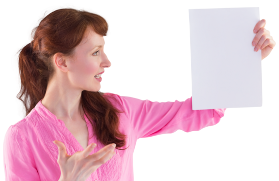 Surprised woman looking at paper - Powered by Adobe