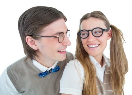 Geeky hipster couple smiling at each other