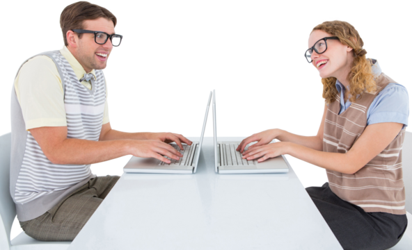 Geeky hipster couple using laptop - Powered by Adobe