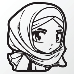 Cartoon hijab young girl character sketch in anime style