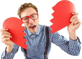 Geeky hipster holding a broken heart 
