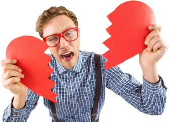 Geeky hipster holding a broken heart 