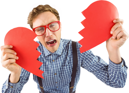 Geeky hipster holding a broken heart 