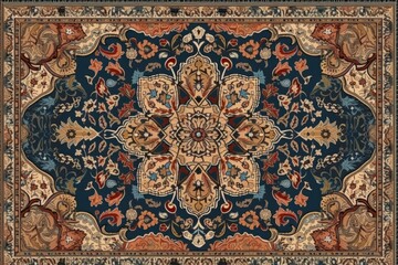 floral blue rug on a wooden floor. Generative AI