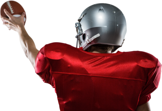 Rear view of American football player in red jersey holding ball - Powered by Adobe