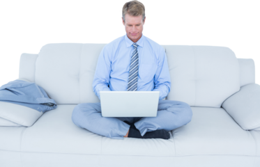 Handsome businessman sitting on sofa using his laptop
