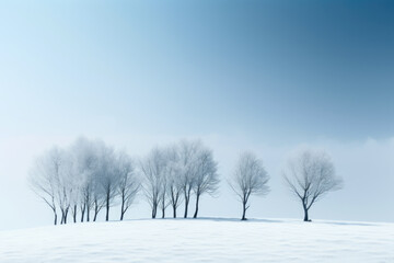 trees in the snow on top of a hill, with blue sky and white clouds behind them are silhouetted against each other tree. Generative AI