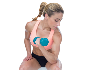 Strong woman doing bicep curl with blue dumbbell