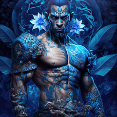 indonesian, ancient, goddess, artistic, muscular, aesthetic, blue, red, gold, brown, ornaments, aura, javanese, hindu, politheism, ai generative