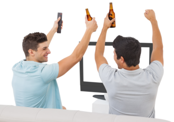 Football fans holding beer and celebrating