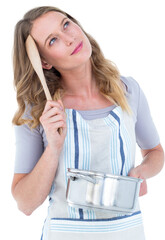 Thoughtful woman holding saucepan 