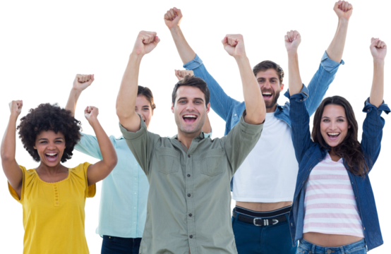 Young creative business people gesturing arm up