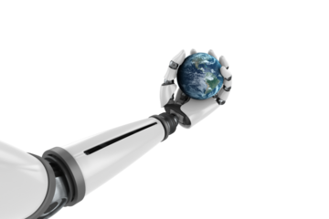 Digitally generated image of robotic hand holding planet