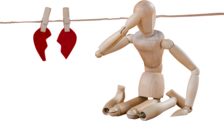 3d illustration of figurine sitting by broken heart 