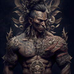 indonesian, ancient, goddess, artistic, muscular, aesthetic, blue, red, gold, brown, ornaments, aura, javanese, hindu, politheism, ai generative