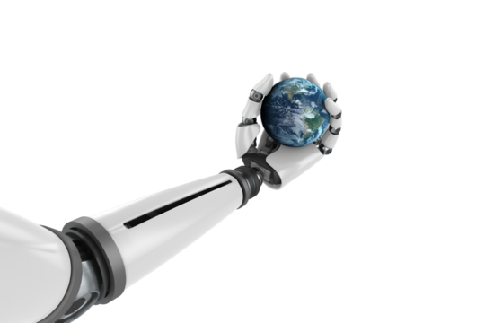 Digitally generated image of robotic hand holding planet