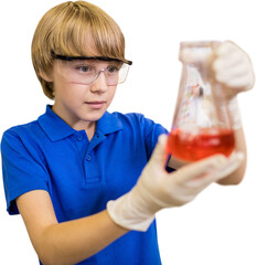 Young boy looking at conical flask