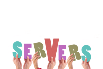 Colorful alphabet spelling servers held up by people 