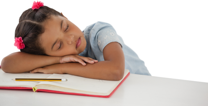 Girl napping on book at desk