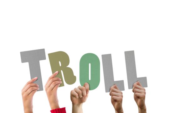 Colorful alphabet spelling troll held up by people 