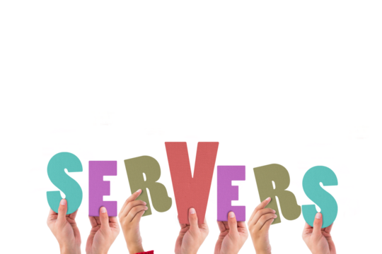 Colorful alphabet spelling servers held up by people 