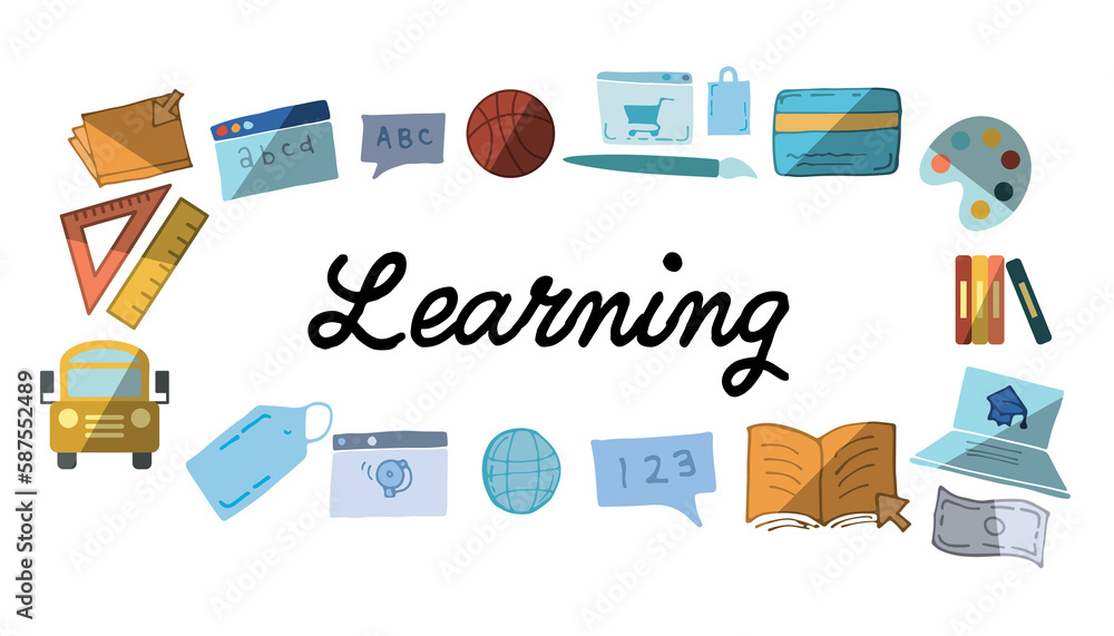 Poster learning text amidst various colorful vector icons