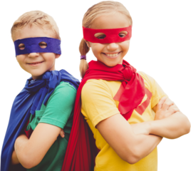Happy brother and sister in cape and eye mask