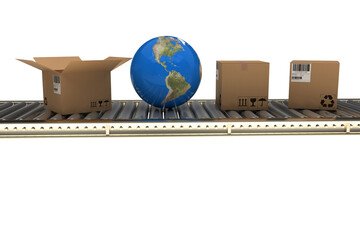 Globe amidst brown cardboard boxes on 3D conveyor belt