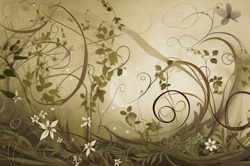 Fototapeta na wymiar background image that looks like an organic growth, with twisting vines, blooming flowers, and creeping tendrils earthy tones and soft, curved lines to create a sense of natural growth Generative AI
