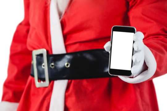 Santa claus showing mobile phone against white background - Powered by Adobe