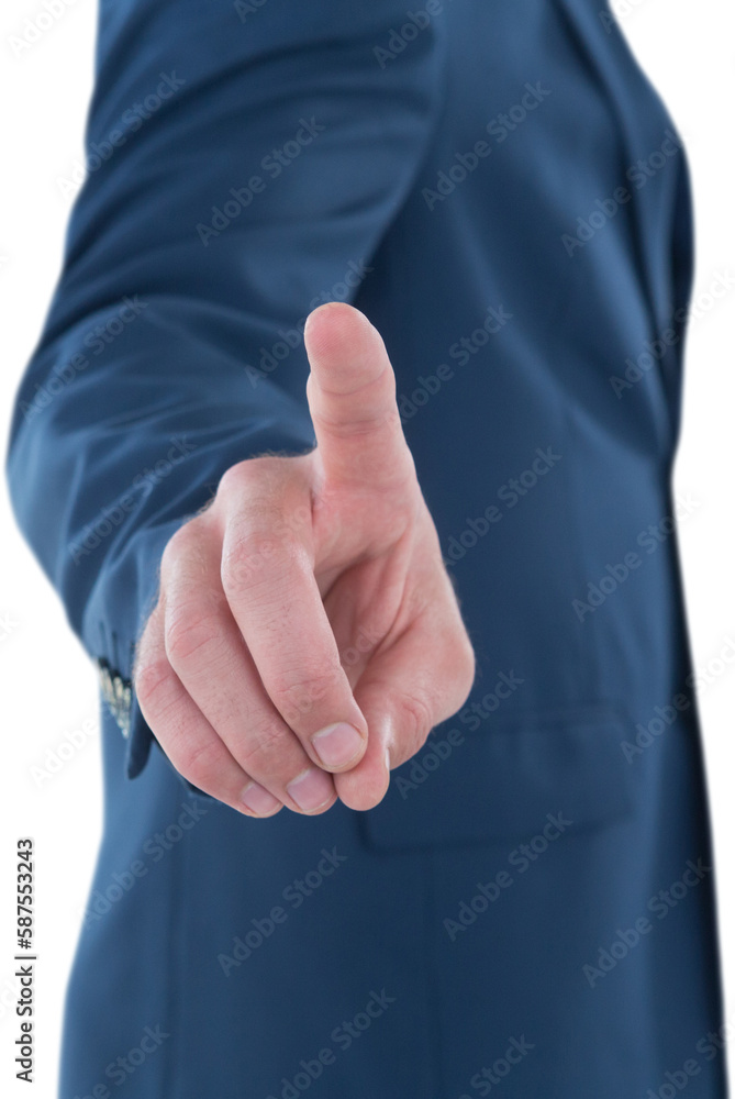 Poster mid section businessman using invisible imaginary interface