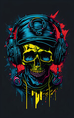 Colorful graffiti illustration of a cute skull, wearing headphones, vibrant color, great detail, Generative AI